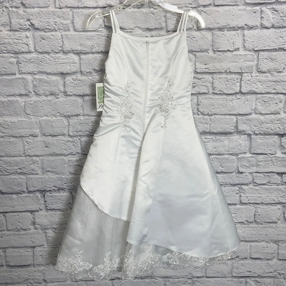 Bonnie Jean Girl's 7 White Asymmetrical Embroidered Lace Formal Dress